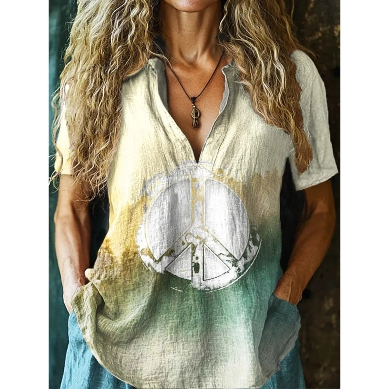 Printed Women's Spring And Summer Loose V-neck Short Sleeve Top 3D