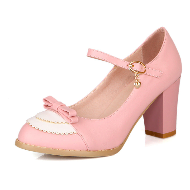 Bowknot Buckle Thick High Heeled Shoes Women's Shoes