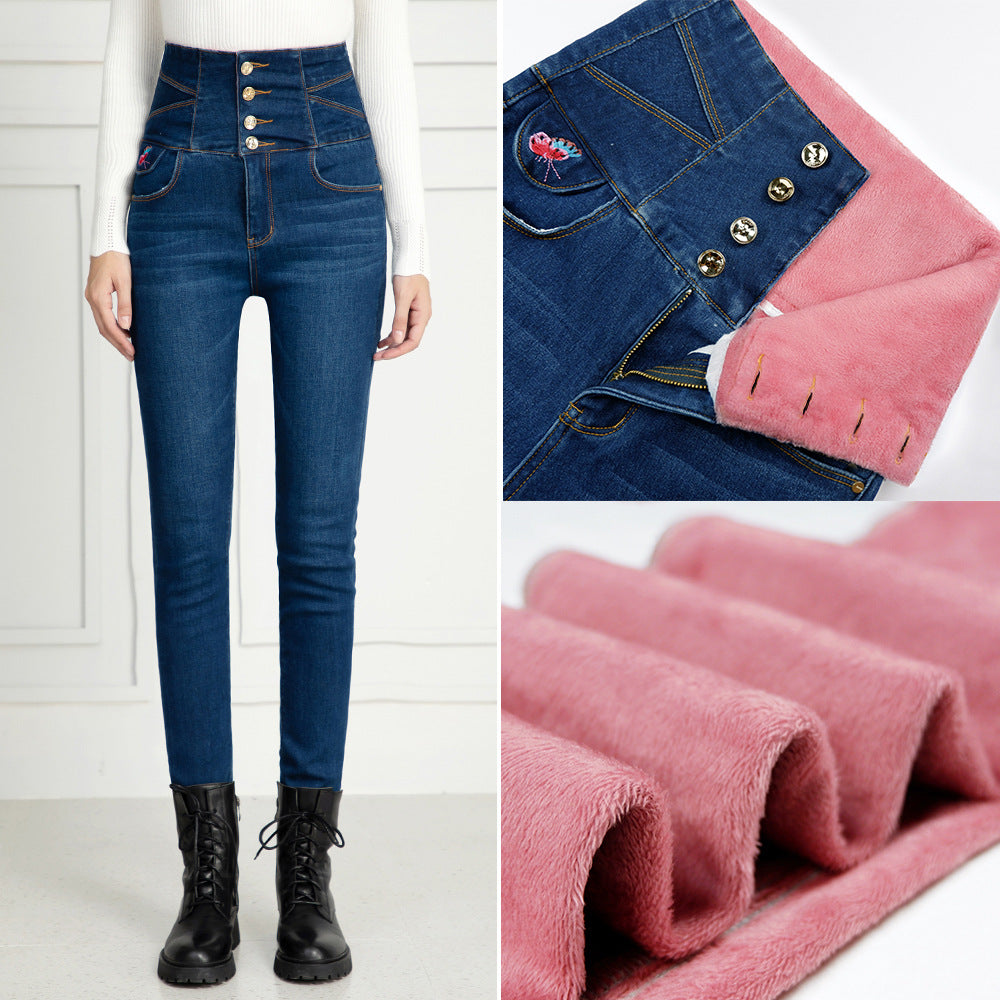 Winter new style velvet thick high-waist jeans