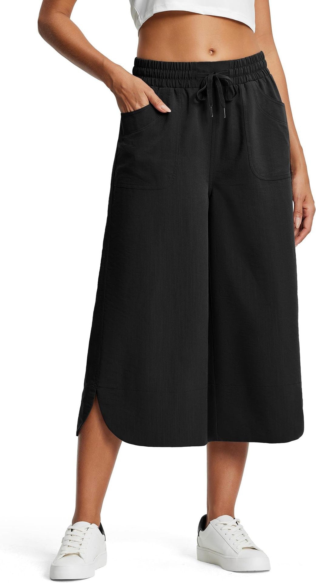 Summer Elastic Waist Solid Color Wide Leg Loose Casual Cropped Pants For Women