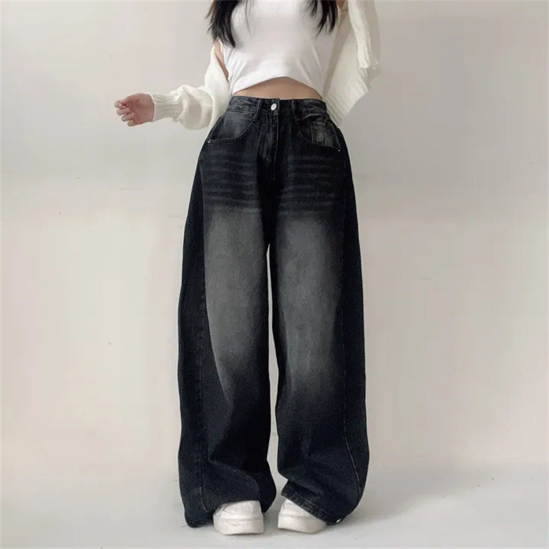Washed Blue Wide-leg Jeans High Waist Loose Straight Long Pants