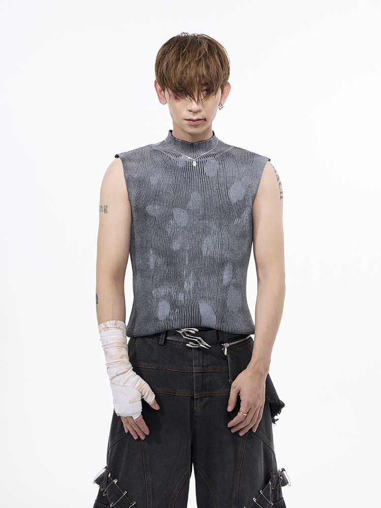 Silver Pastebrushing Wool Vest Men's Stretch Turtleneck Sleeveless T-shirt