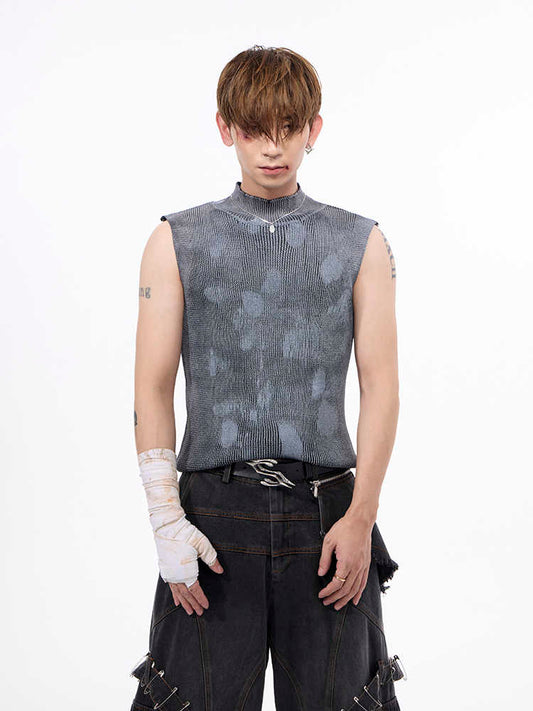 Silver Pastebrushing Wool Vest Men's Stretch Turtleneck Sleeveless T-shirt
