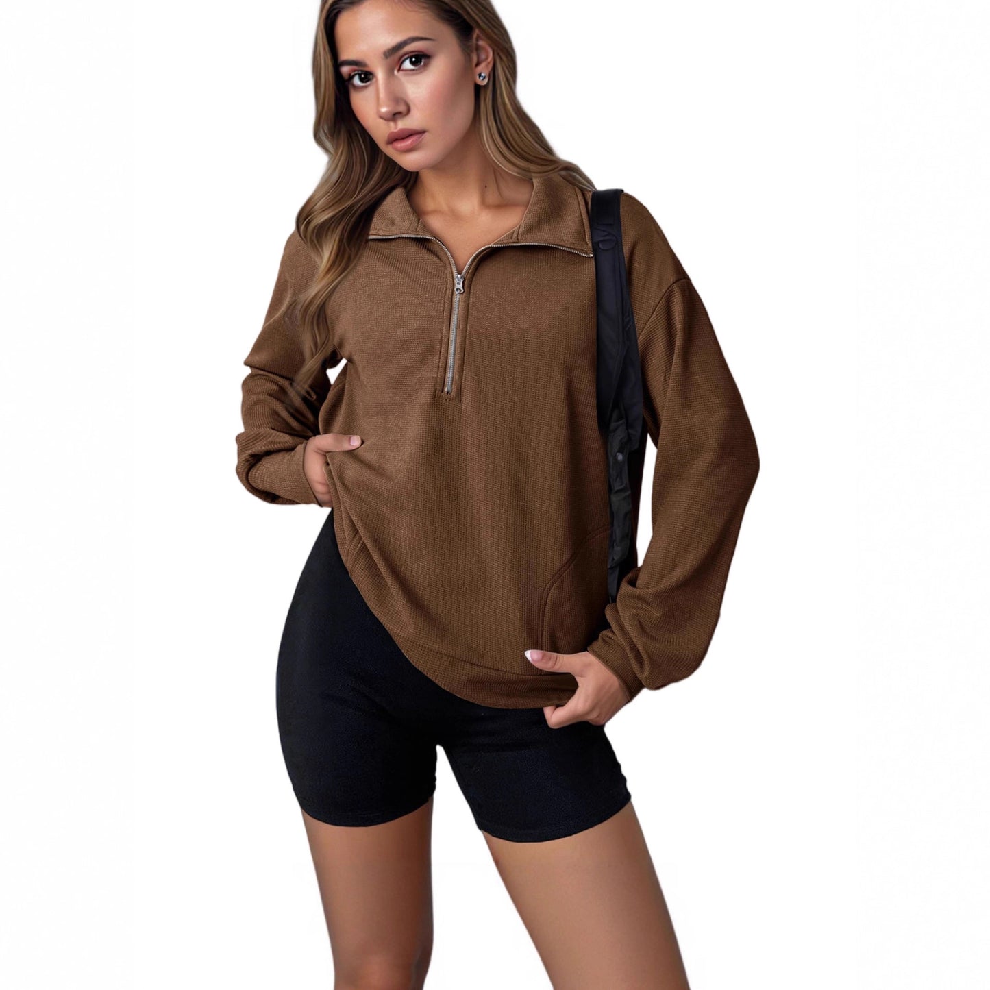 Revers Sweater Mode Løs Lynlås Dametøj