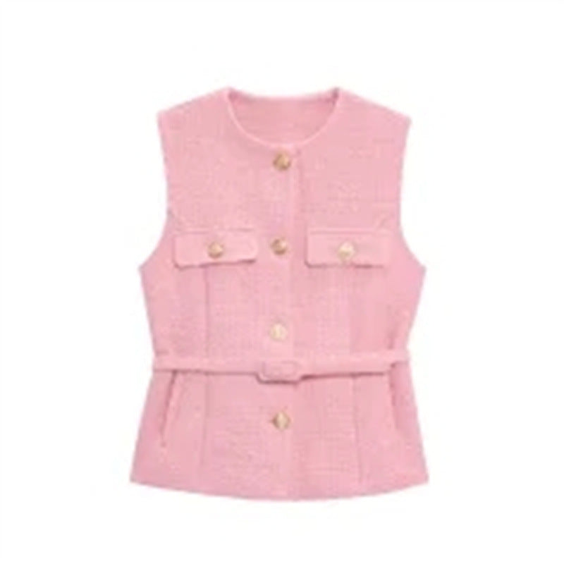 Women's Fashion Casual Sleeveless With Belt Texture Vest