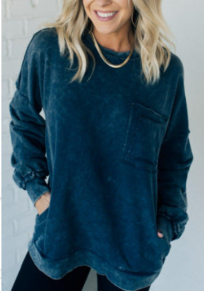 Vasket Bomuld Løstsiddende Afslappet Rundhalset Sweater T-shirt Til Kvinder