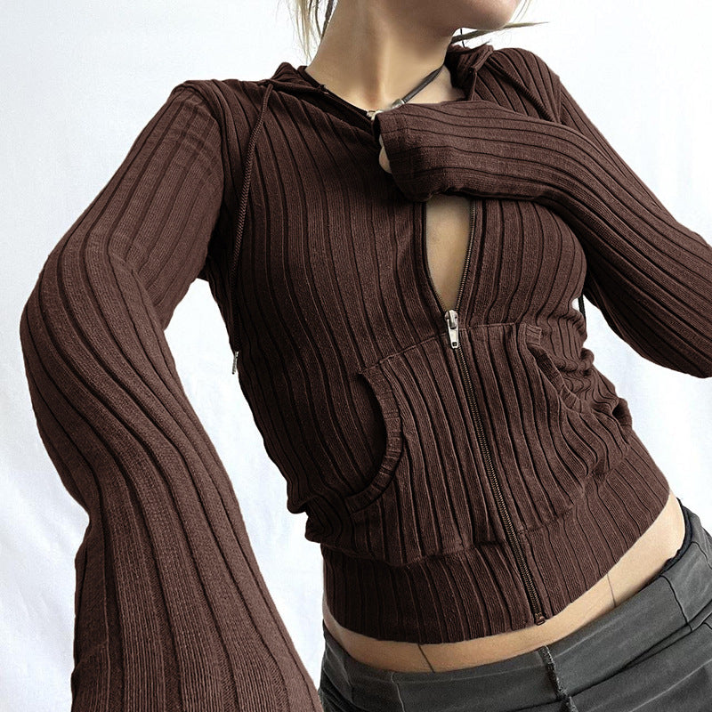 Slim Fit Sunken Stripe Knitted Hooded Zipper Pocket Coat Women
