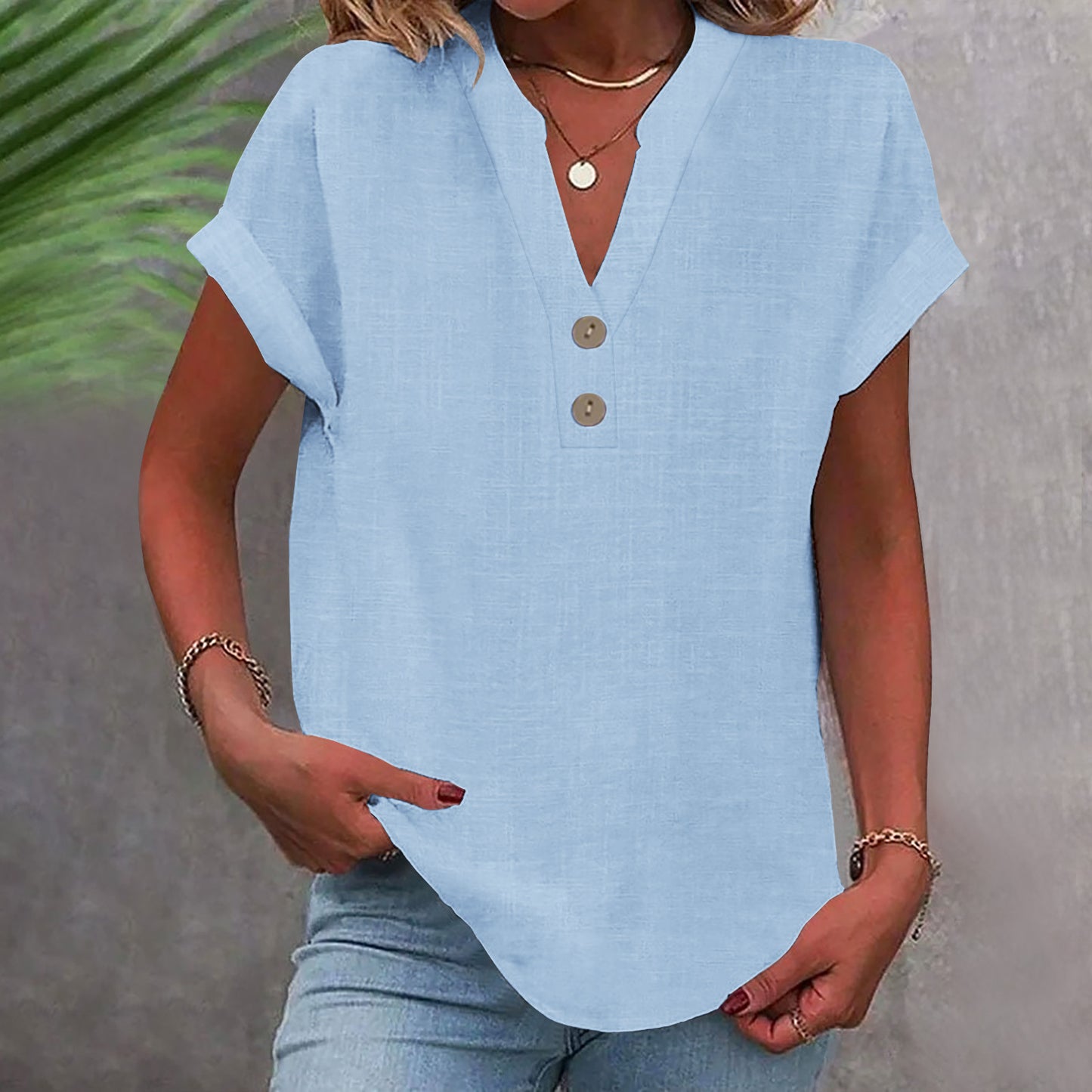 Stand Collar Button Short Sleeve Women's Shirt