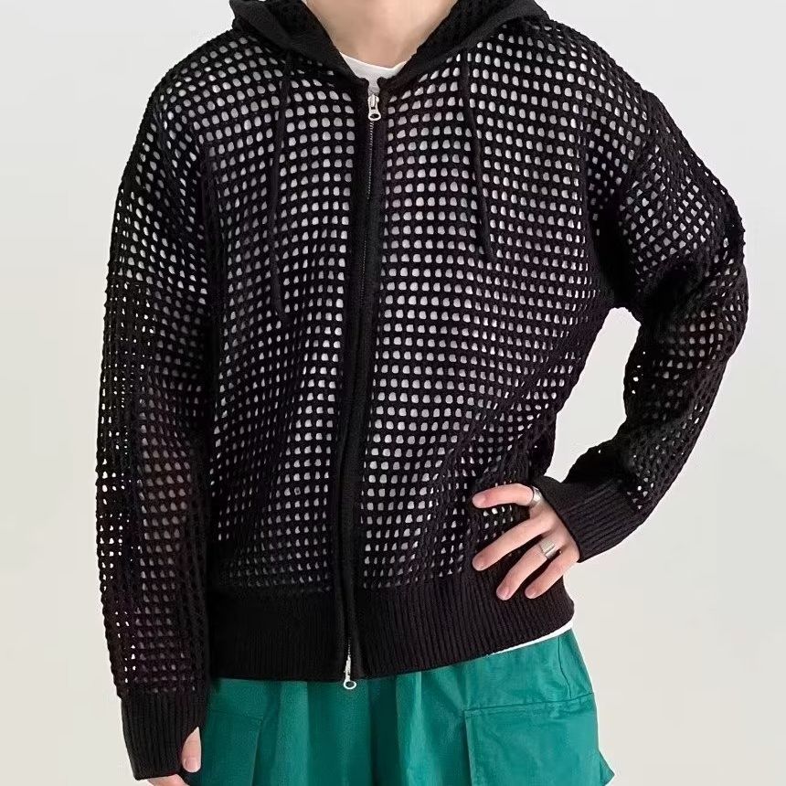 Hollow-out Hooded Knitted Sweater Men's Coat