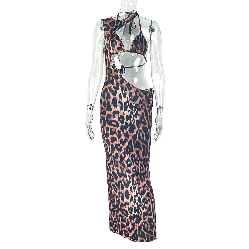 Women's Casual Leopard-Print Halterneck Maxi Dress Two-Piece Set