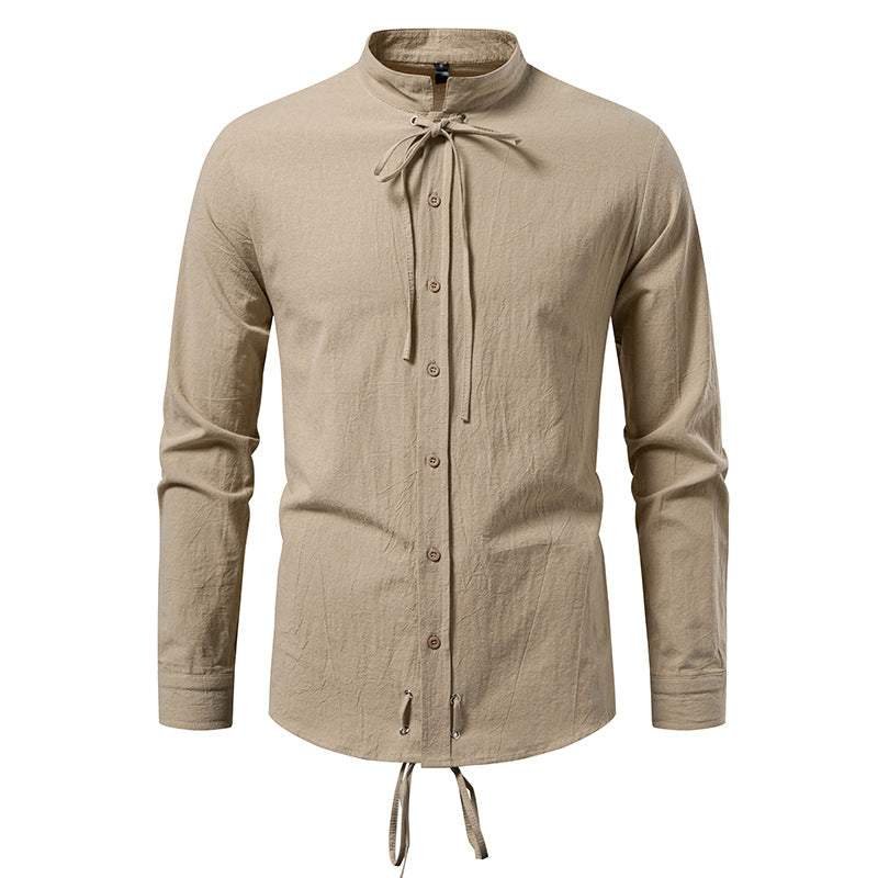 Pirate Drawstring Men's Cotton And Linen Long Sleeve European Size Shirt
