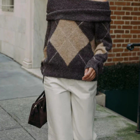 Off-shoulder Rhombus Jacquard Knitted Sweater For Women