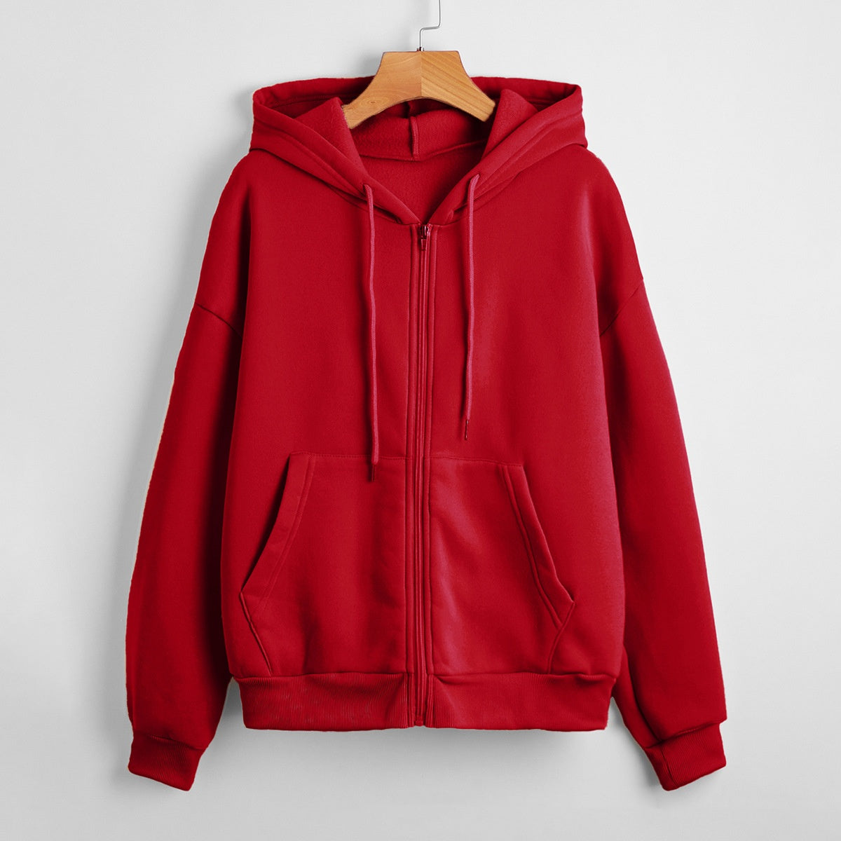 Sweater til kvinder med hætte, ensfarvet, lynlås, løstsiddende, foret frakke
