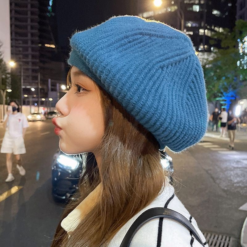 Knitted Beret Women's Ripple Wide Brim Simple And Fashionable