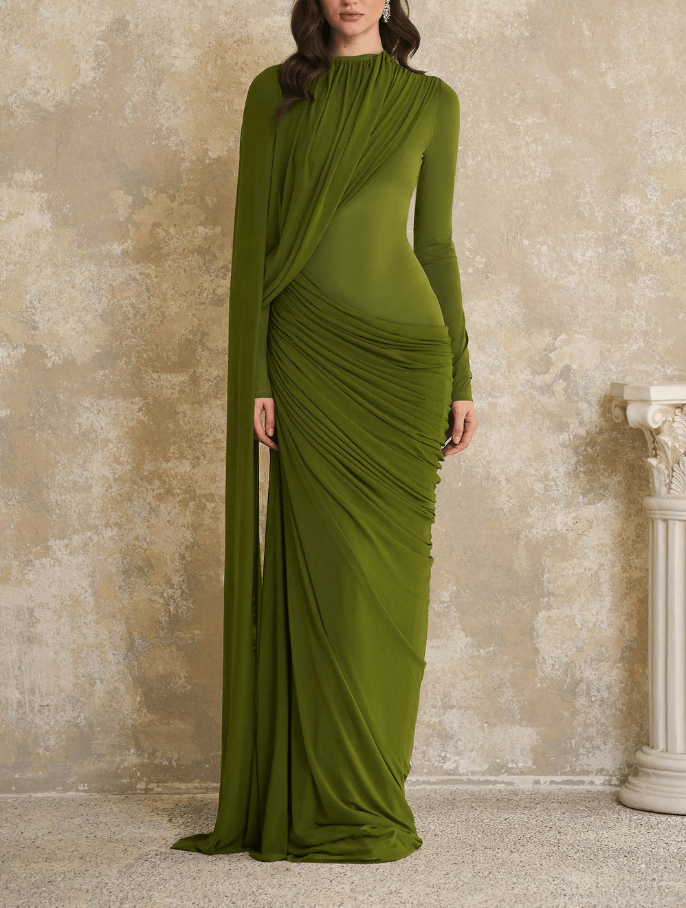 Womens Pleated Ribbon Crew-Neck Long-Sleeve Dress