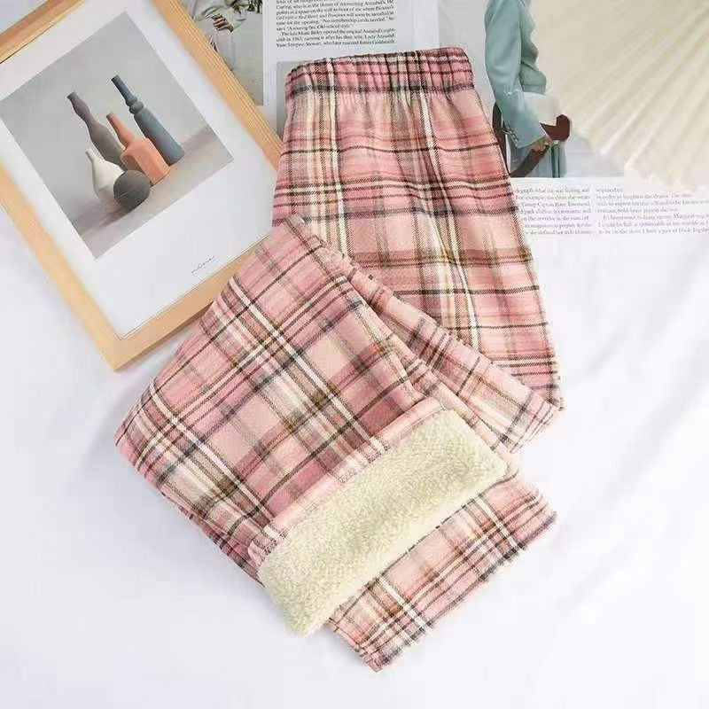 Winter Christmas Leopard-Print Shearling Plaid Pants