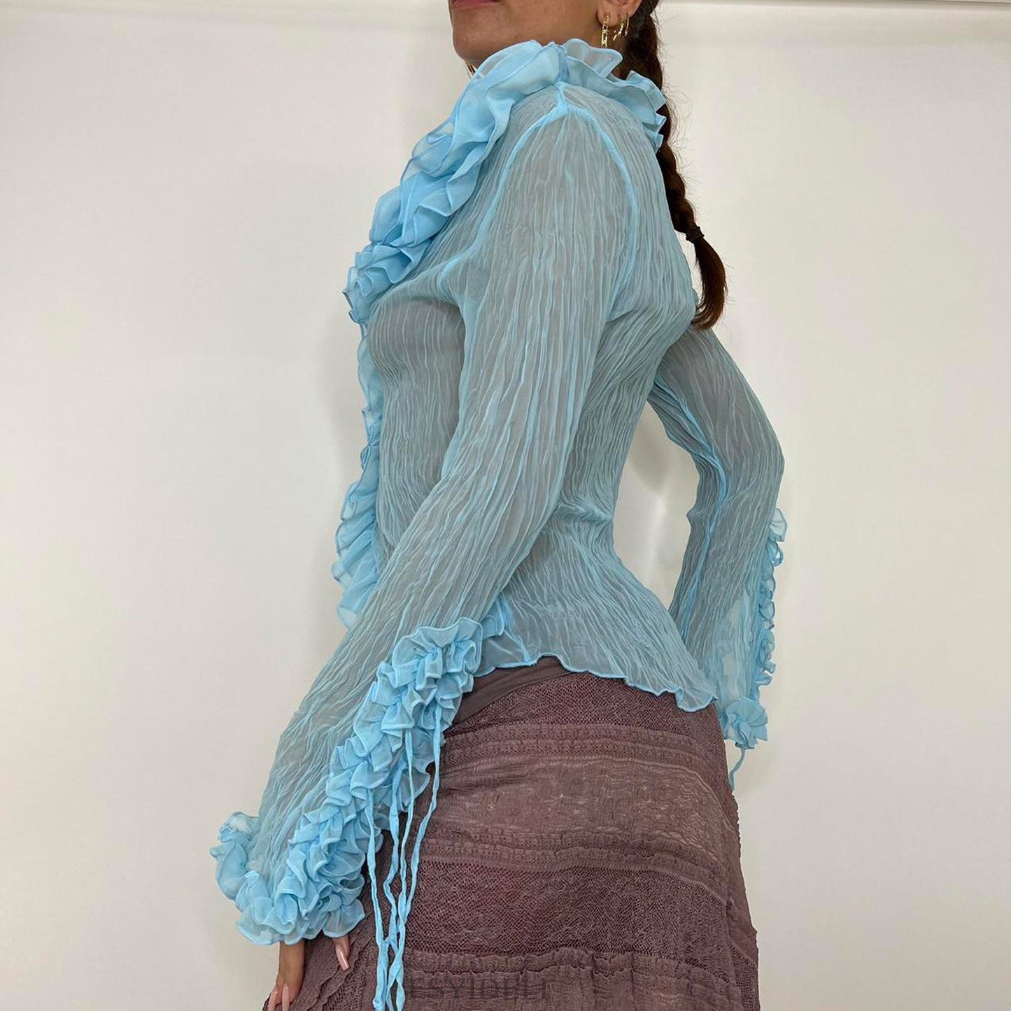 Slim Fit Cinched Mesh Ruffle Top See-through Lace Shirt
