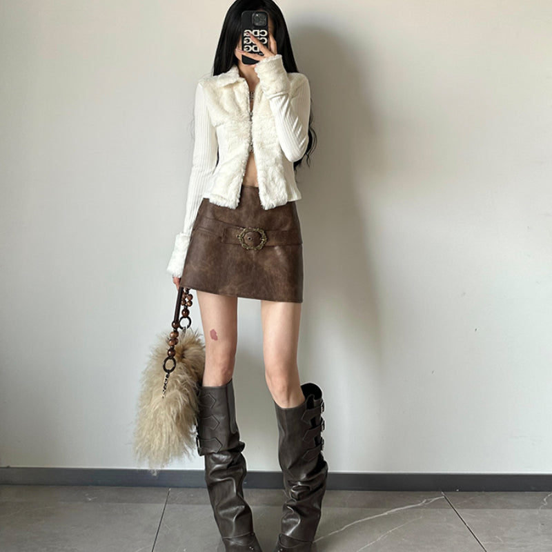 Double-sided Zipper Cardigan With Lapel And Furry Patch Long Sleeve Top