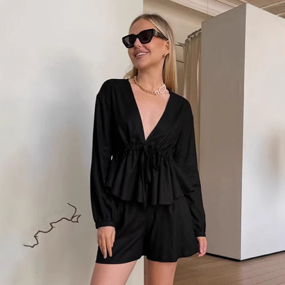 Black Cotton And Linen Suit Foreign Trade Loose Long Sleeve Top