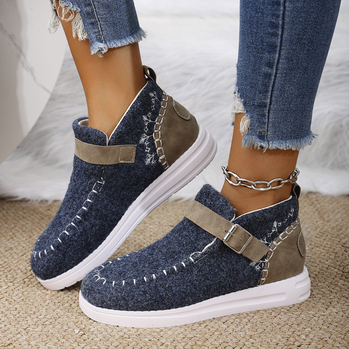 Thick Burr Warm Flat Bottom Cotton Shoes
