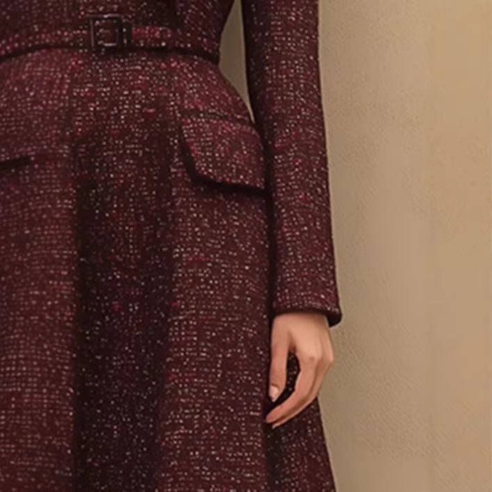 Retro Elegant Red Tweed Skirt With A Lapel Neckline