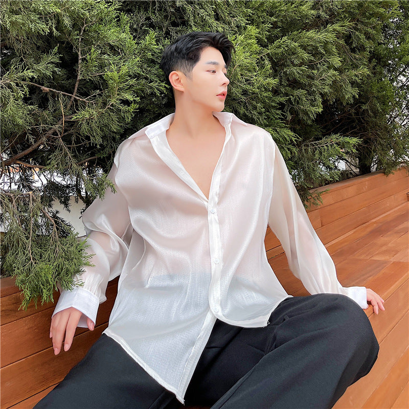 Mens Stylish Sheer Silky Loose-Fit Casual Top