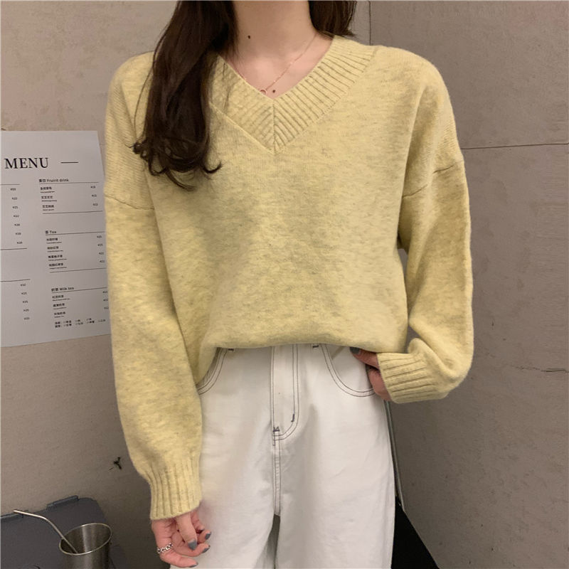 Cotton Cashmere Casual Laid-back Style V-neck Pullover Sweater