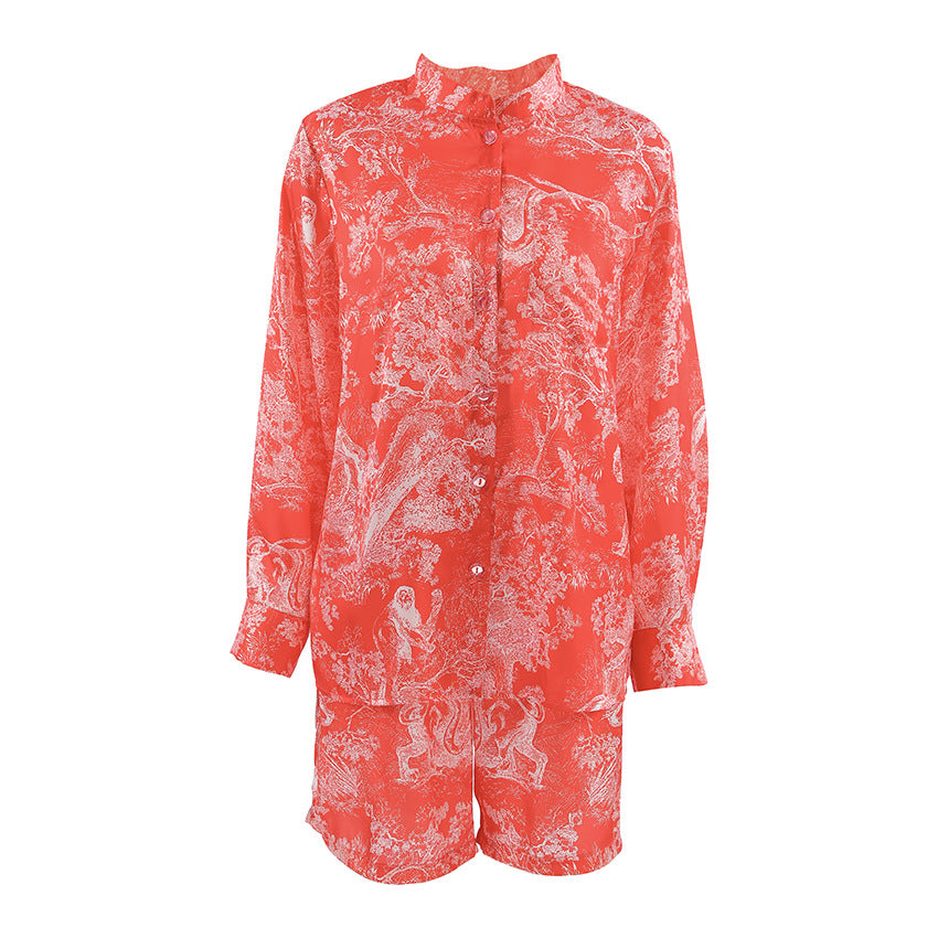 Loose-fitting Long-sleeve Shorts Womens Set