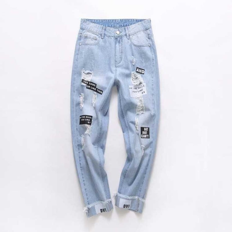 High-rise straight-leg cropped ripped jeans