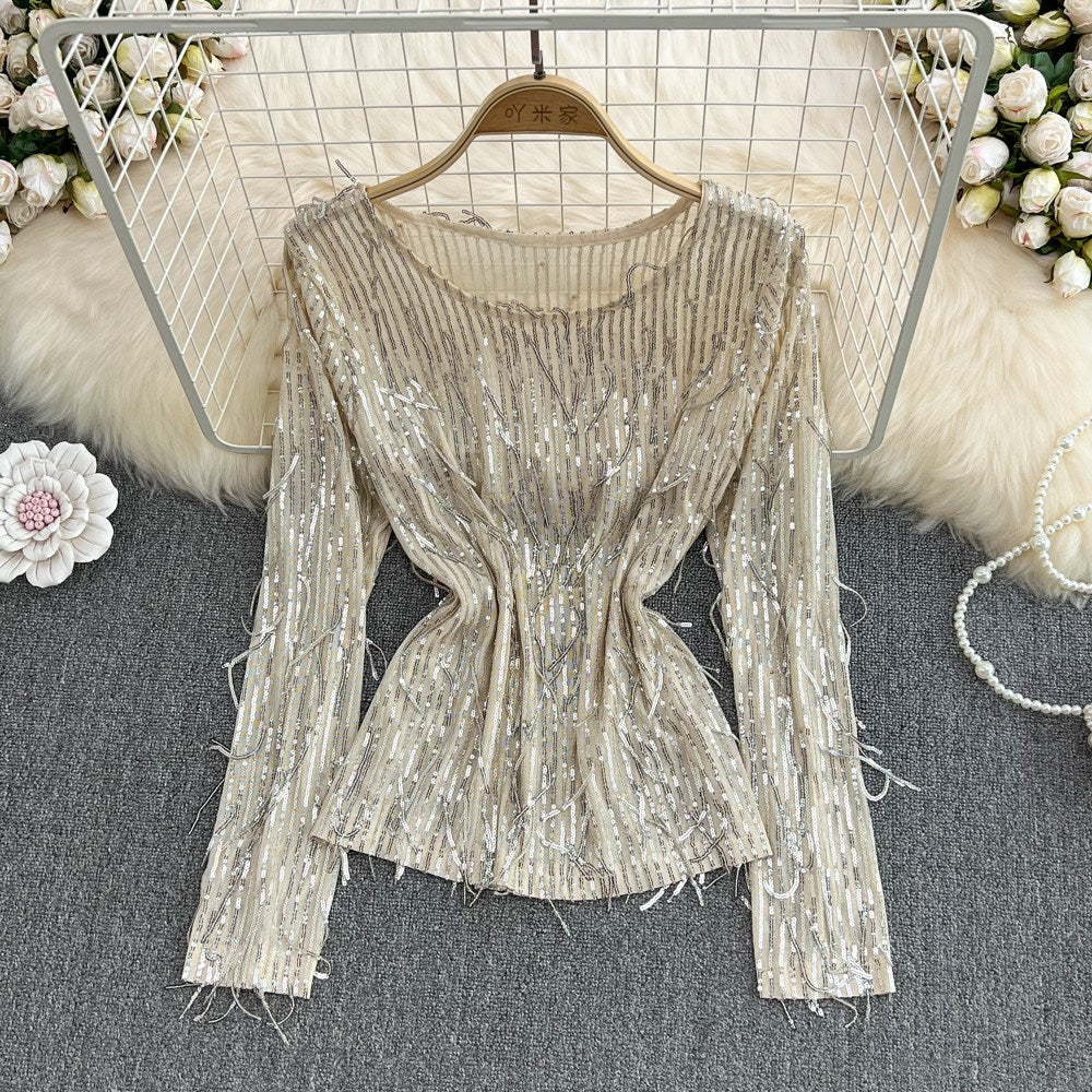 Womens Casual Loose Top With Round Neck Tassels And Sequins