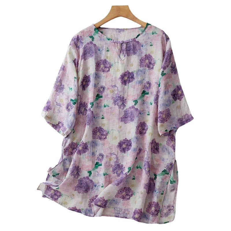 Womens Cotton-Linen Printed Shirt Loose  Mid-Length New Chinese-Style Top For Women