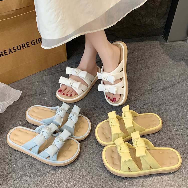 Women's High-end Platform Slide Sandals, New Summer Fairy Style Bow One-band Slippers, Elegant Beach Sandals For Dresses