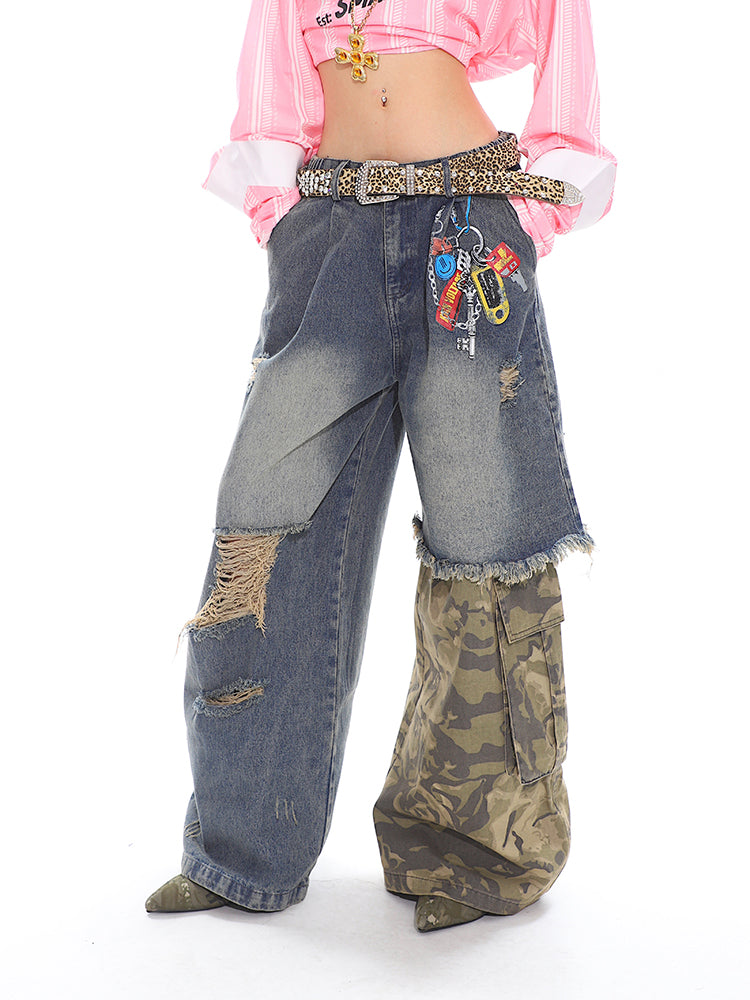 Stitched Camouflage Jeans Fake Two-piece Chain Printed Wide-leg Pants
