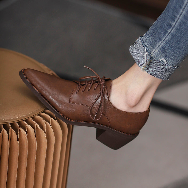 Women's Mid Heel Brown Deep Mouth Leather Pointed Toe Work Shoes