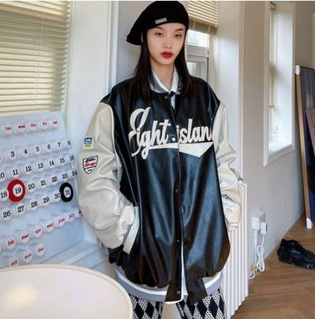 Japanese Trend Color Block Letter Cardigan Baseball Uniform