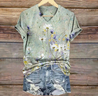 3D Digital Print T-Shirt Womens V-Neck Short-Sleeve Top