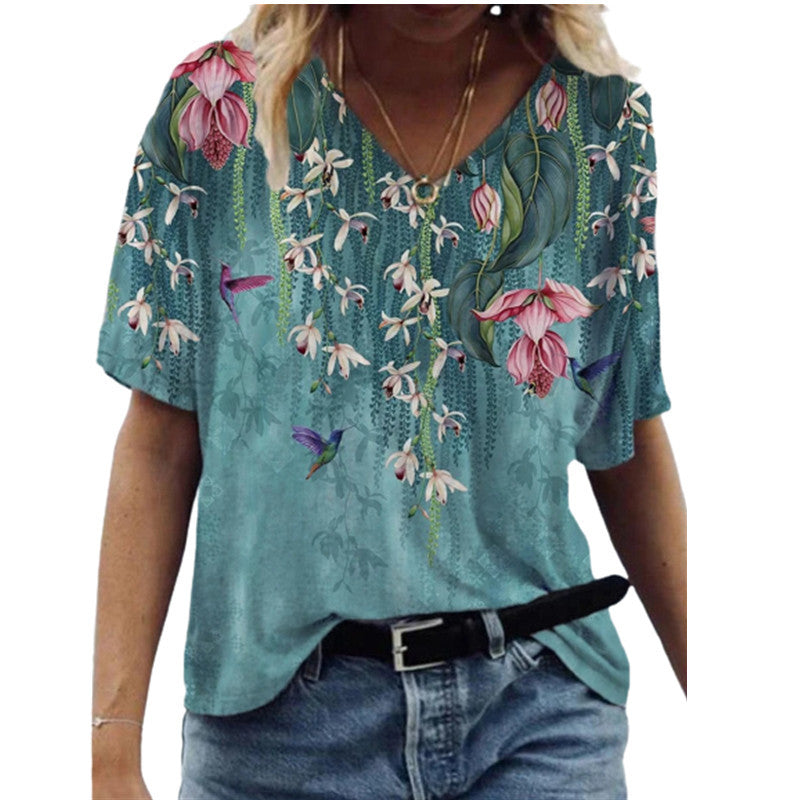 Butterfly Print Short Sleeve V-neck Ladies Loose