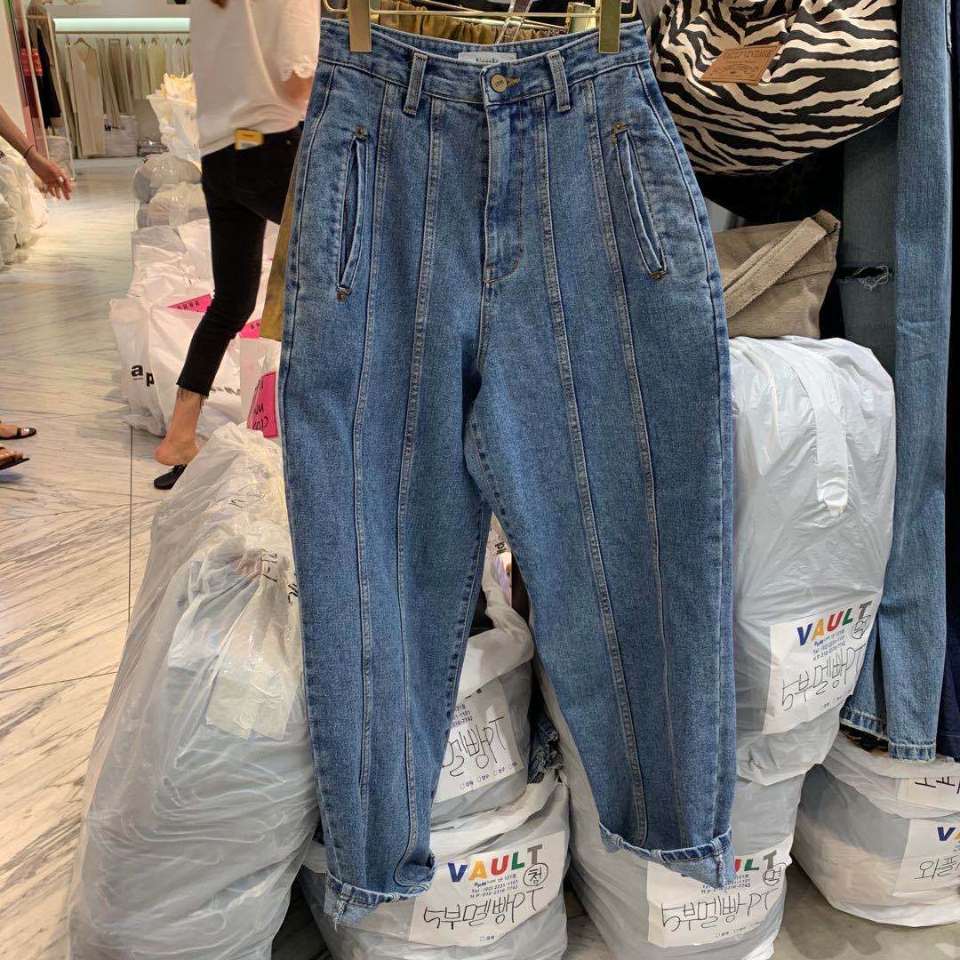 Letter Small Label Stitching Line Retro Straight Leg Pants High Waist Carrot Pants Jeans