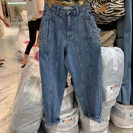 Letter Small Label Stitching Line Retro Straight Leg Pants High Waist Carrot Pants Jeans