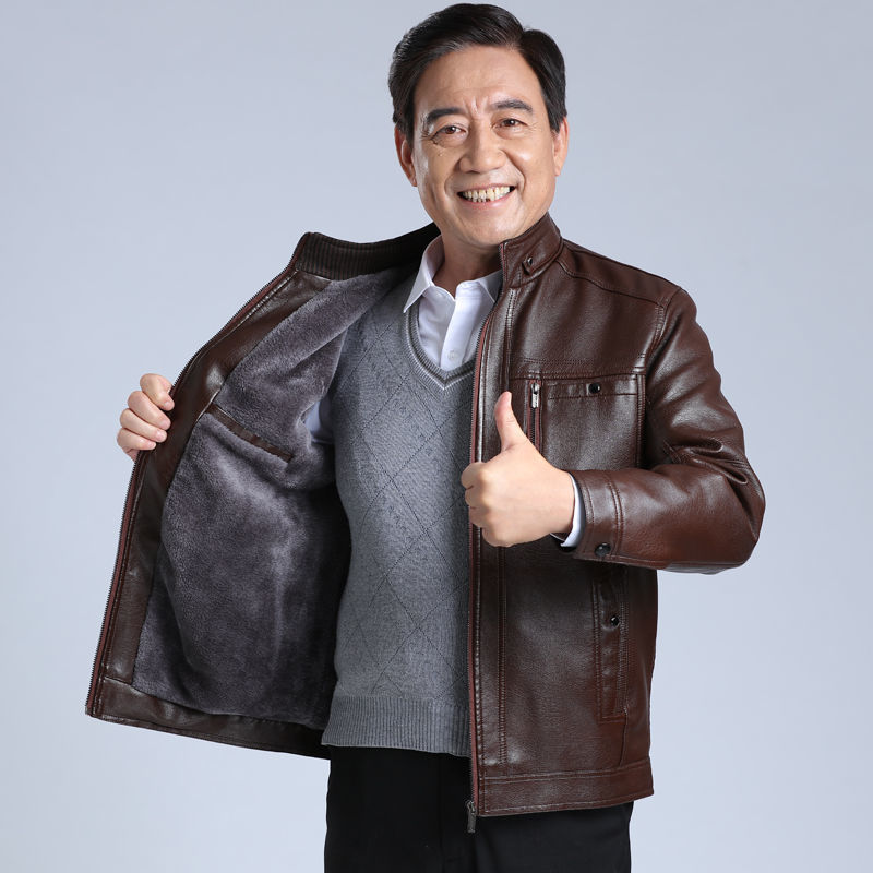 Men's Fleece-lined Thickening Stand Collar Loose Leather Coat