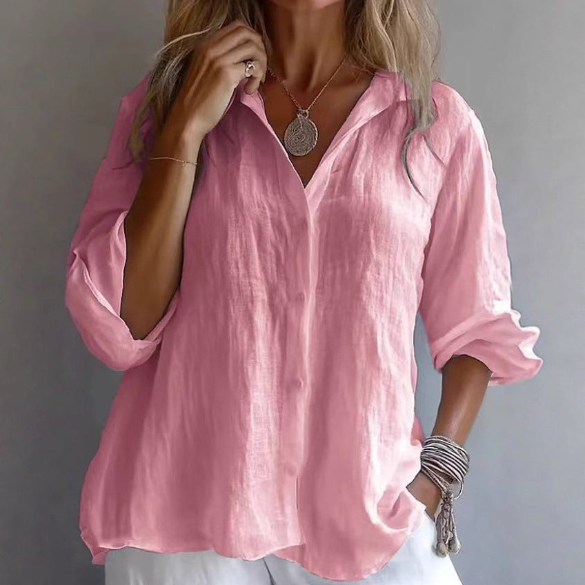 Spring Bestseller Women's Solid Color Linen Long Sleeve Casual Shirt