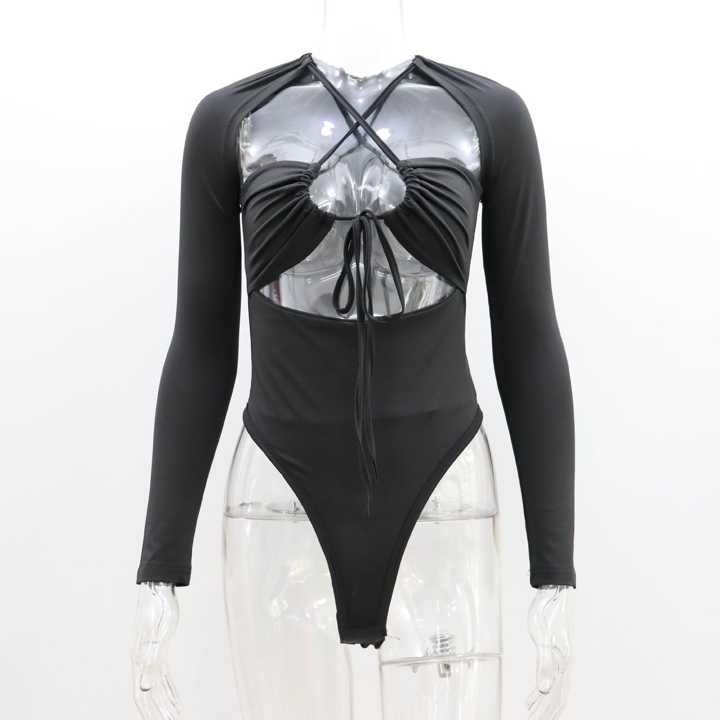 Hollow Out Strap Slim Fit Temperament Pure Color Long Sleeve Jumpsuit