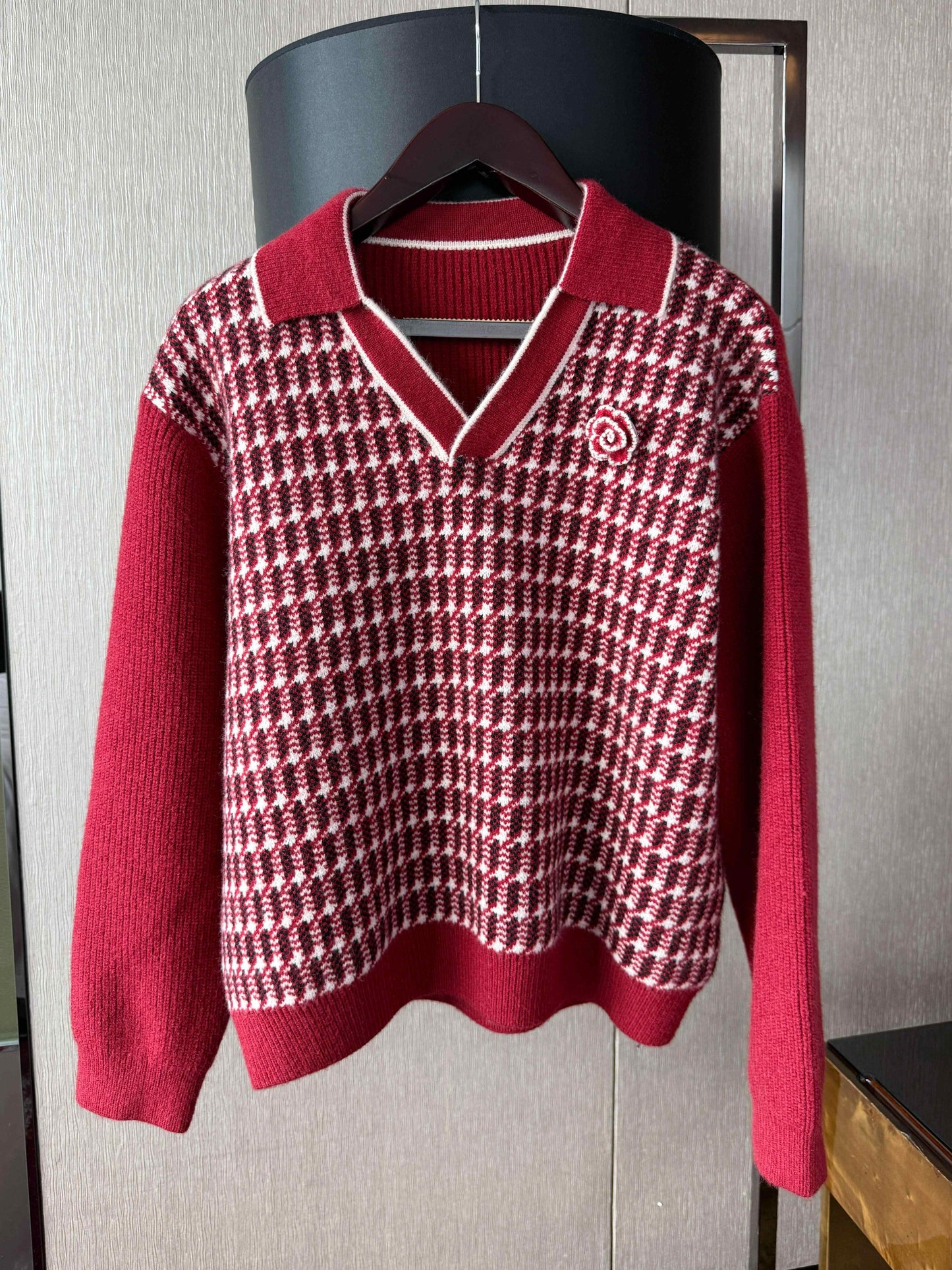 Stitching Contrast Color V-neck Houndstooth Sweater Loose