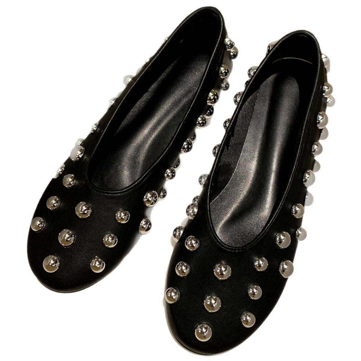 Black Studded Leather Ballet-style Flat Casual Shoes