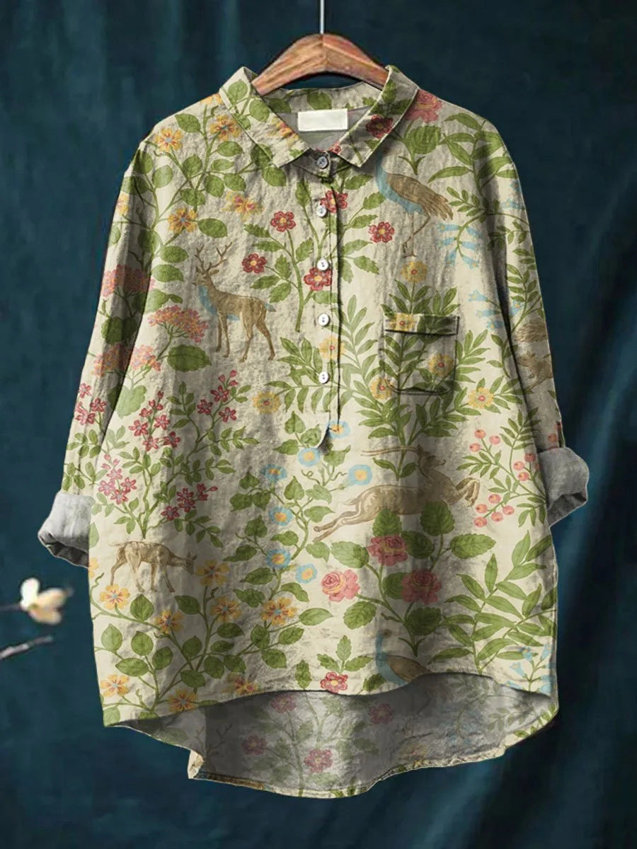 Lapel Long Sleeve Shirt Vintage Floral Flower T-shirt Shirt