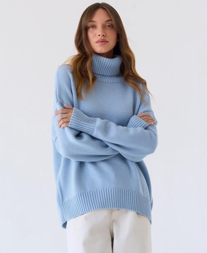 Women's Solid Color Pullover Knitted Sweater With High Neck