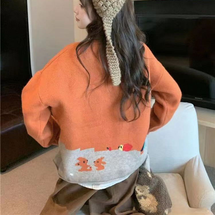 Cartoon Loose Orange Round Neck Long Sleeve Sweater
