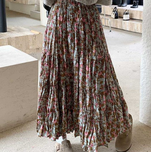 Autumn And Winter Floral High Waist Blue Pleated Skirt
