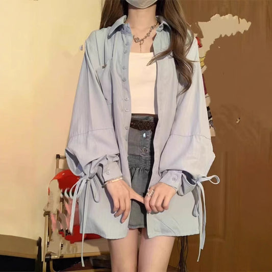 French Blue Bow Long Sleeve Shirt