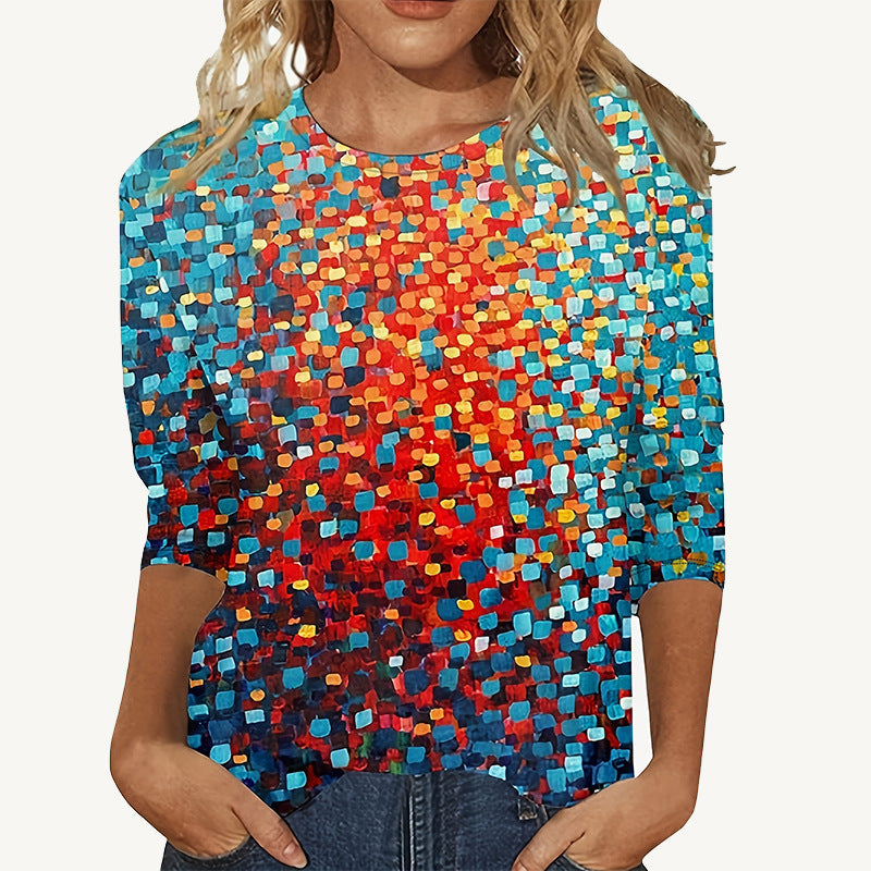 Europæisk og amerikansk blomsterprintet langærmet T-shirt med rund hals